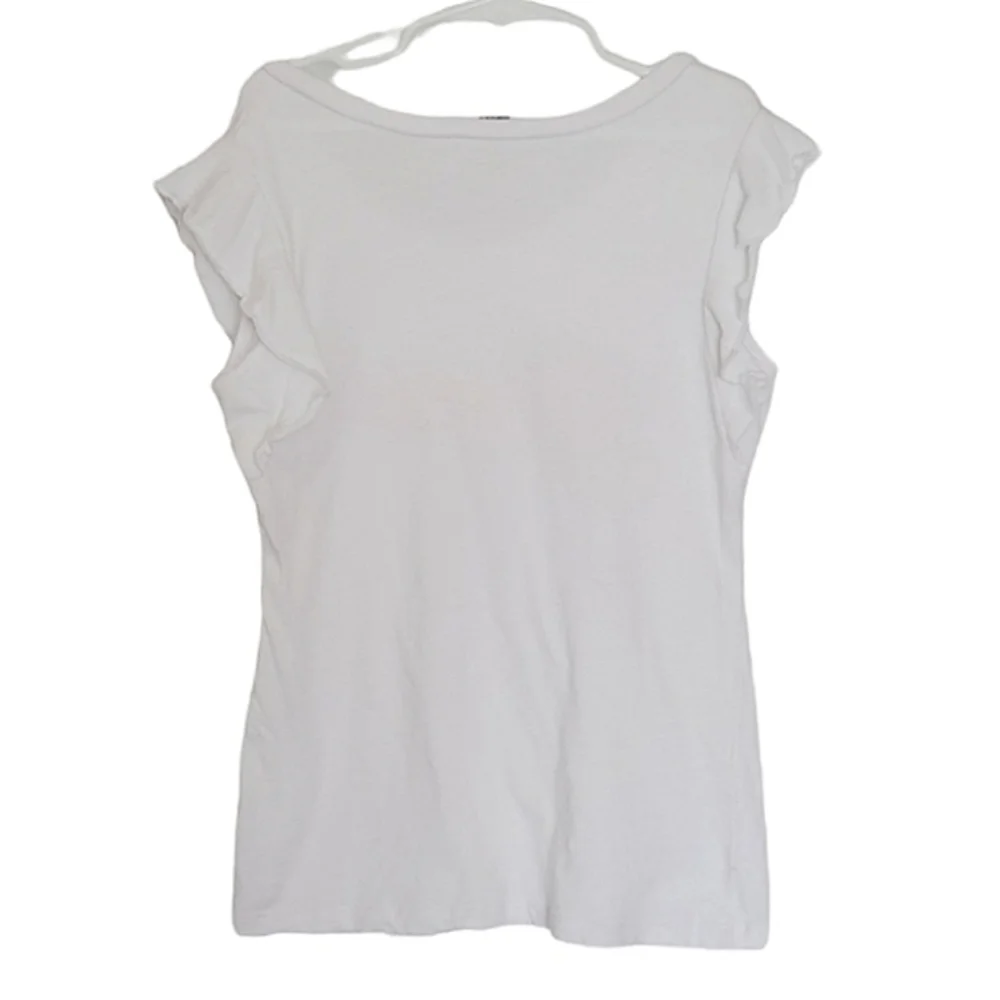 K1040 * Guess Rhinestone Ombre Logo Ruffle Sleeves Tee White Size S (7-8)
